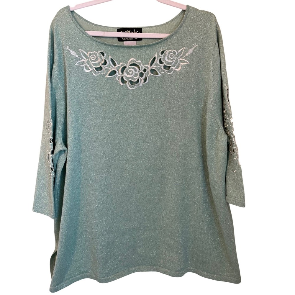 Bob Mackie‎ Wearable Art Size 2X Green Shimmer Sweater 3/4 Sleeve Flower